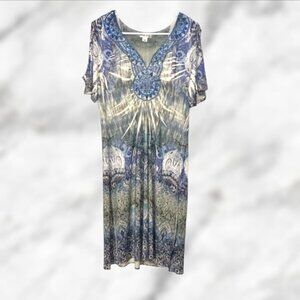 World Unity Blue Purple Paisley Boho Tunic Dress Size Large Embroidered V-Neck